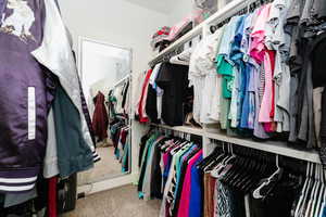 Walk in closet with light carpet