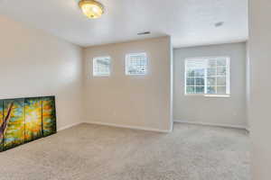 Unfurnished room featuring carpet and a textured ceiling