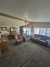 Living area with dark carpet, ceiling fan, and a textured ceiling