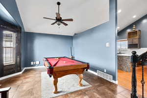 Game room with lofted ceiling, billiards, ceiling fan, and recessed lighting