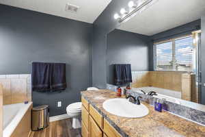 Bathroom with dark wood finished floors, a bath, vanity, a textured ceiling, and a stall shower