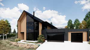 View of side of property featuring concrete driveway and a garage