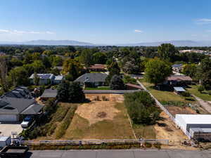 Aerial view of residential area with mountains