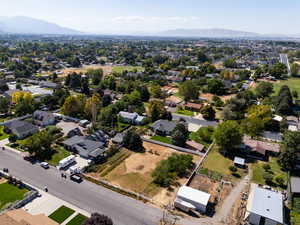 Aerial perspective of suburban area with mountains