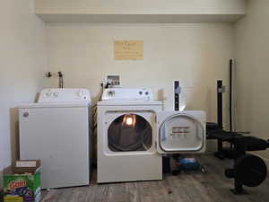 Laundry room featuring wood finished floors and washer and dryer