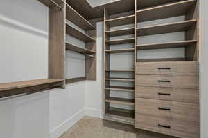 Spacious closet featuring light colored carpet