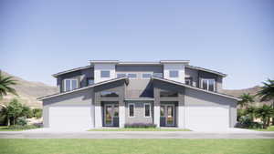 Contemporary home featuring stucco siding, driveway, a front yard, and a garage