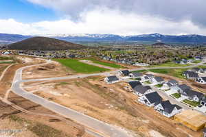 Aerial view of residential area with a mountain backdrop