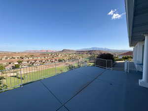 View of patio / terrace with a mountain view