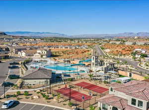Aerial perspective of suburban area featuring mountains