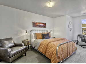 Carpeted bedroom featuring a textured ceiling