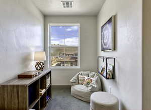 Living area featuring carpet and baseboards