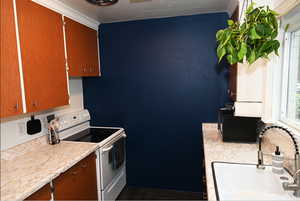 Kitchen featuring white electric stove, black microwave, brown cabinetry, and dark wood-style floors