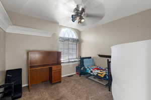 Unfurnished bedroom featuring carpet floors, ceiling fan, and a textured ceiling