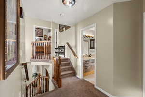 Hallway featuring light colored carpet and an upstairs landing