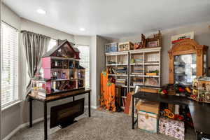 Office space featuring plenty of natural light, carpet flooring, and a textured ceiling