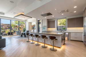 Kitchen with a breakfast bar, modern cabinets, light stone counters, light wood-style floors, and a kitchen island