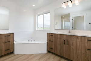 Bathroom with vanity, a shower stall, a garden tub, light wood-type flooring, and recessed lighting
