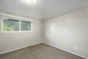 Carpeted spare room featuring baseboards and a textured ceiling