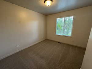 Unfurnished room with carpet and a textured ceiling