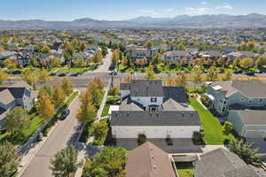 Aerial view of residential area with a mountainous background
