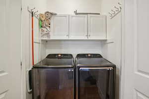 Laundry room featuring cabinet space and washing machine and clothes dryer
