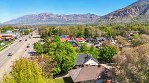 Aerial view of residential area with mountains