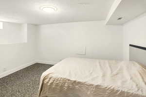 Bedroom with carpet flooring and a textured ceiling