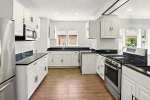 Kitchen with appliances with stainless steel finishes, white cabinets, dark wood finished floors, and recessed lighting