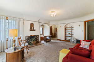 Living room with a textured ceiling, healthy amount of natural light, carpet floors, and a fireplace with raised hearth
