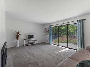 Living area with light colored carpet and sliding glass doors to a private back patio.