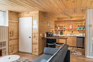 Unit 1b, kitchen featuring wooden walls, wood ceiling, track lighting, light wood-style floors, and dishwasher
