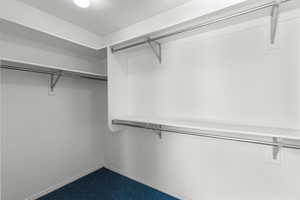 Walk in closet featuring dark carpet