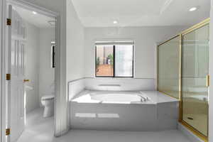 Full bath with a bath, a marble finish shower, recessed lighting, and light tile patterned flooring