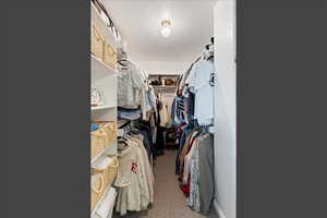 Walk in closet featuring light carpet