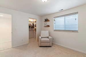 Sitting room featuring light carpet and baseboards