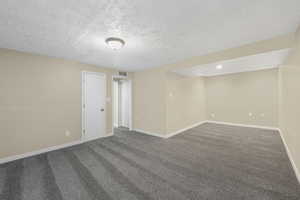 Empty room featuring carpet floors and a textured ceiling