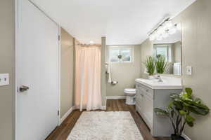 Full bath with vanity, dark wood finished floors, and curtained shower