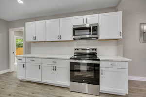 Kitchen with appliances with stainless steel finishes, white cabinetry, decorative backsplash, electric panel, and recessed lighting