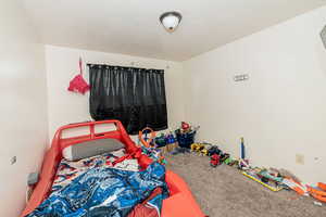 Bedroom with a textured ceiling and carpet