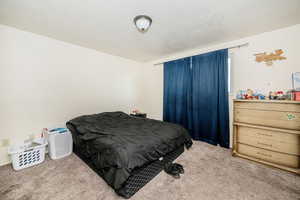 Bedroom featuring a textured ceiling and light colored carpet