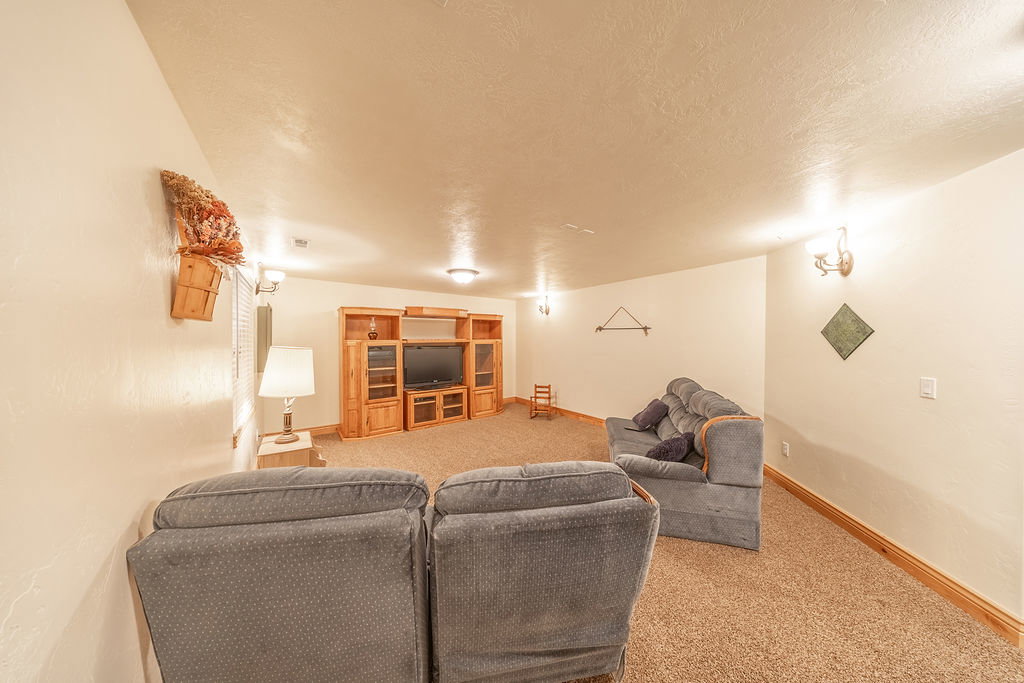 Living room with light colored carpet and a textured ceiling