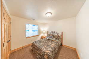 Bedroom featuring a textured ceiling and carpet