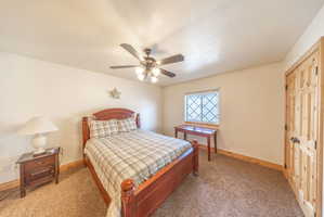 Carpeted bedroom with a closet, a ceiling fan, and a textured ceiling
