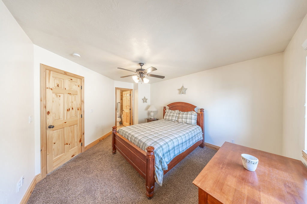 Carpeted bedroom with a ceiling fan and ensuite bath