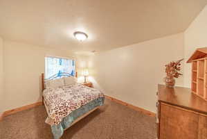 Bedroom featuring a textured ceiling and carpet