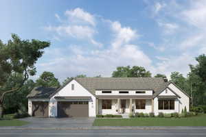 Modern inspired farmhouse with covered porch, a standing seam roof, a metal roof, board and batten siding, and driveway