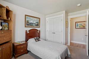 Bedroom featuring light carpet and a closet
