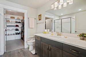 Bathroom featuring a stall shower, vanity, dark wood-style flooring, and a spacious closet