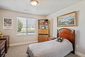 Bedroom featuring light colored carpet and a textured ceiling
